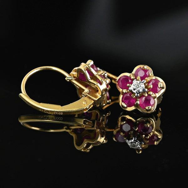 Vintage 10K Gold Diamond Ruby Cluster Drop Earrings - Boylerpf