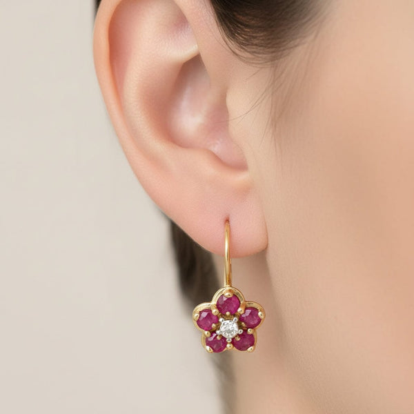 Vintage 10K Gold Diamond Ruby Cluster Drop Earrings - Boylerpf
