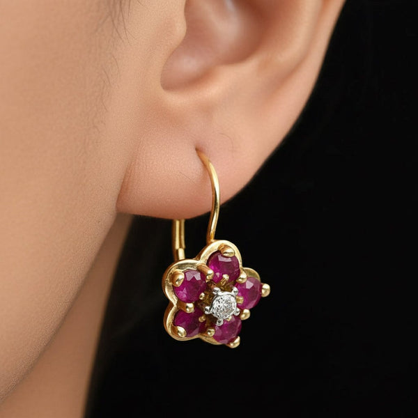 Vintage 10K Gold Diamond Ruby Cluster Drop Earrings - Boylerpf
