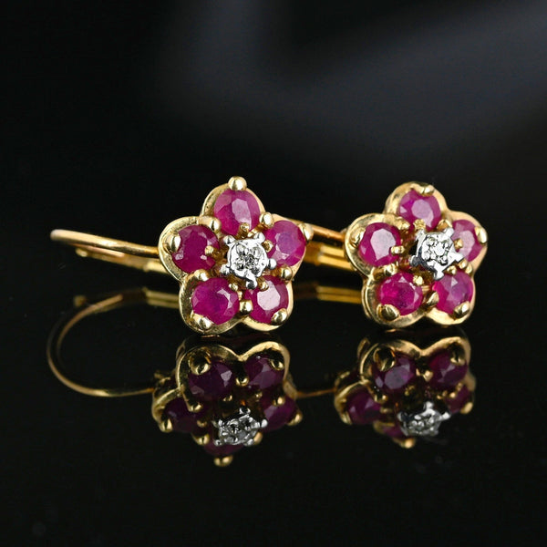 Vintage 10K Gold Diamond Ruby Cluster Drop Earrings - Boylerpf