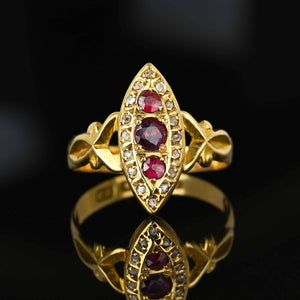 Antique 18K Gold Navette Rose Cut Diamond Garnet Ring - Boylerpf