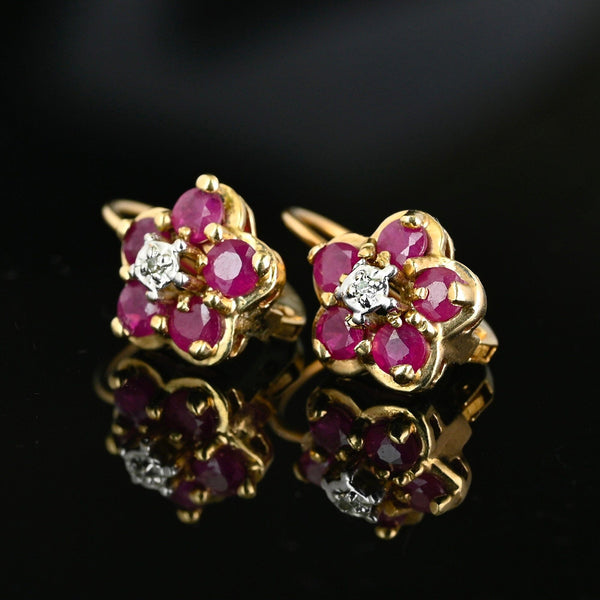 Vintage 10K Gold Diamond Ruby Cluster Drop Earrings - Boylerpf