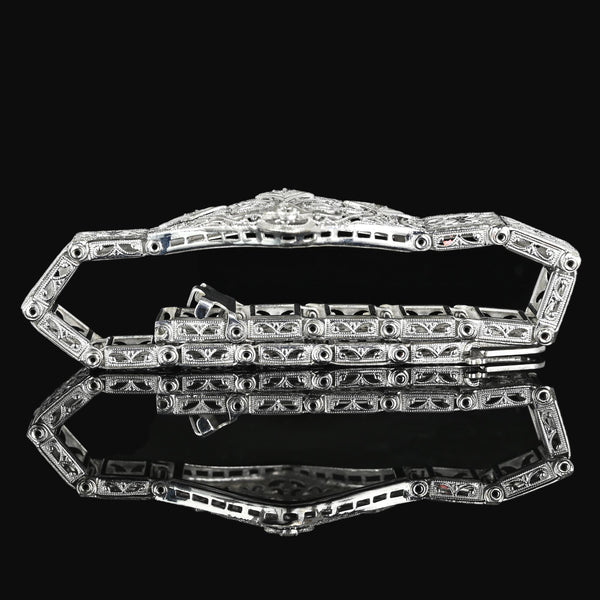 Art Deco 14K White Gold Floral Filigree Diamond Bracelet - Boylerpf