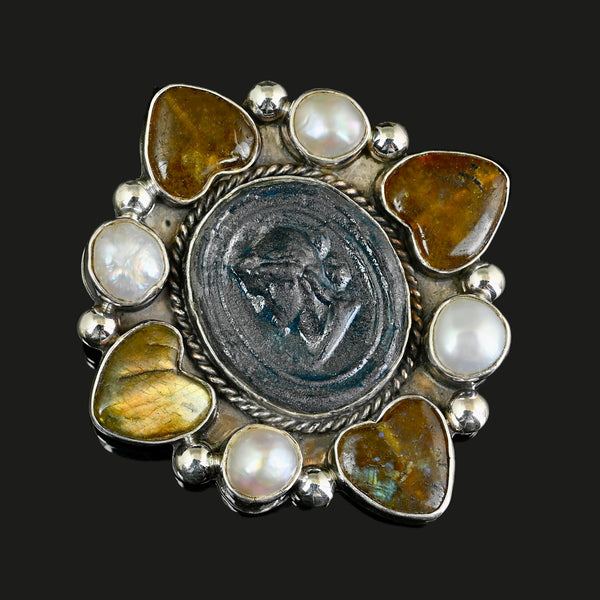 Joan Slifka Labradorite Cameo Brooch Pendant Necklace
