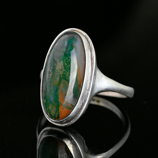 Antique Silver Moss Agate Cabochon Ring - Boylerpf