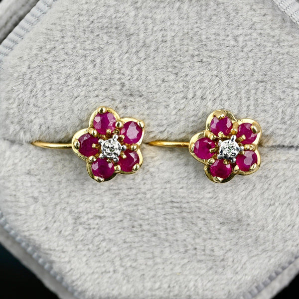 Vintage 10K Gold Diamond Ruby Cluster Drop Earrings - Boylerpf