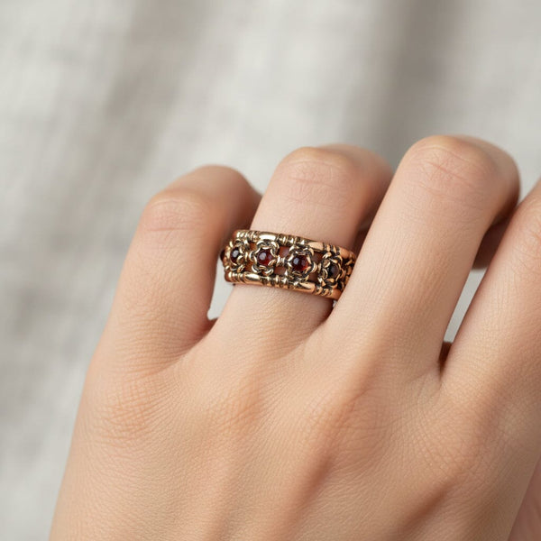 Vintage 14K Gold Wide Cabochon Garnet Ring Band - Boylerpf