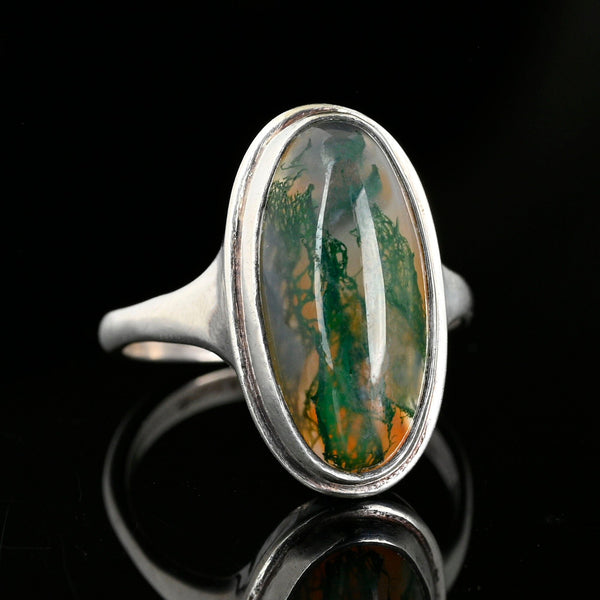 Antique Silver Moss Agate Cabochon Ring - Boylerpf