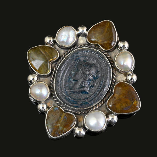 Joan Slifka Labradorite Cameo Brooch Pendant Necklace