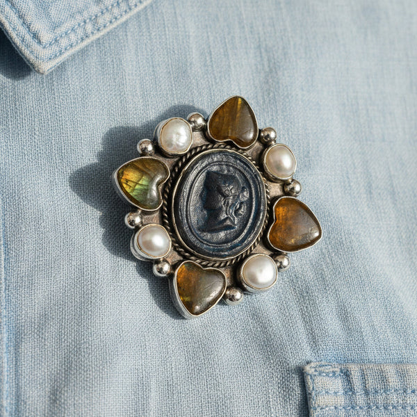 Joan Slifka Labradorite Cameo Brooch Pendant Necklace
