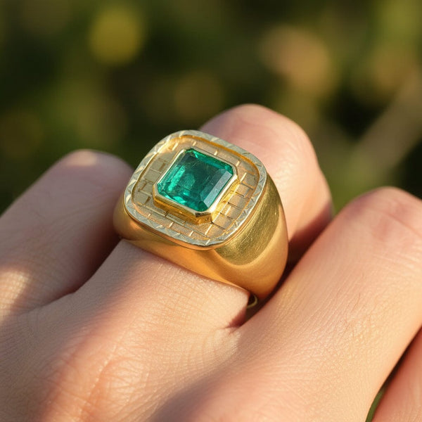Heavy Vintage 18K Gold Natural Emerald Signet Ring - Boylerpf