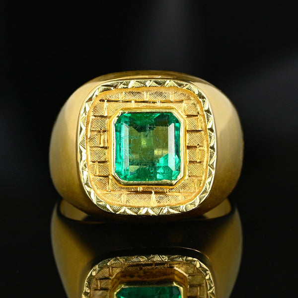 Heavy Vintage 18K Gold Natural Emerald Signet Ring - Boylerpf