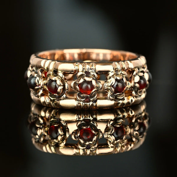Vintage 14K Gold Wide Cabochon Garnet Ring Band - Boylerpf