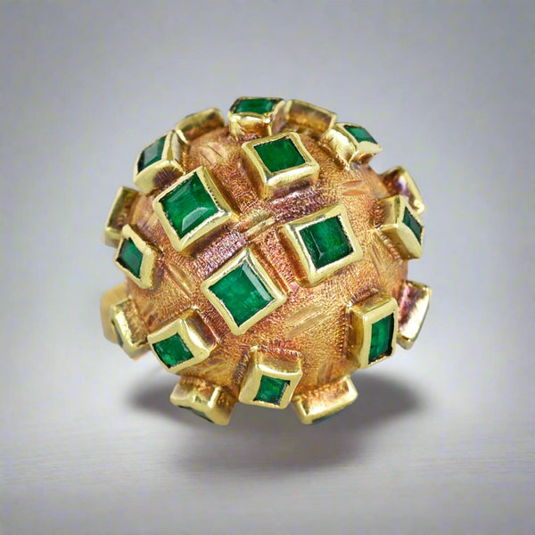 Vintage Mid Century 18K Gold Dome Emerald Sputnik Ring - Boylerpf