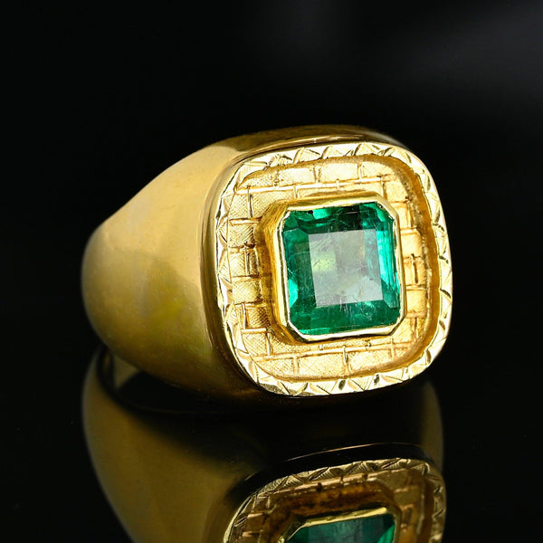 Heavy Vintage 18K Gold Natural Emerald Signet Ring - Boylerpf