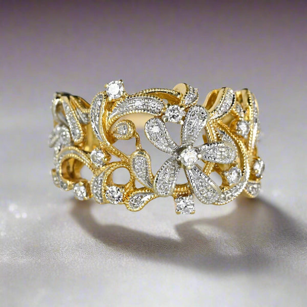 EFFY 14K Gold Two Tone Wide Floral Diamond Ring, D'Oro Collection - Boylerpf