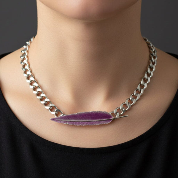 Vintage Sterling Silver Purple Enamel Feather Brooch - Boylerpf