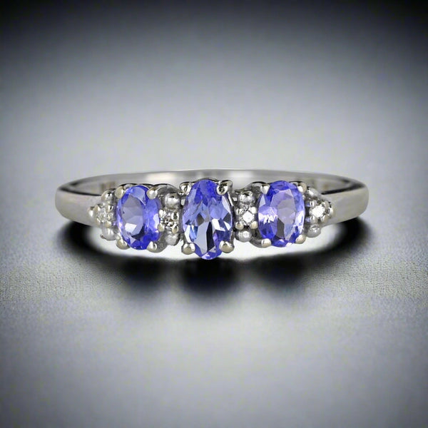 Diamond Three Stone Tanzanite Ring Band in White Gold - Boylerpf