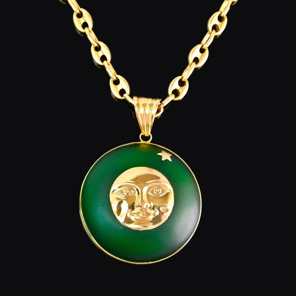 18K Gold Green Quartz Star Man In The Moon Pendant - Boylerpf