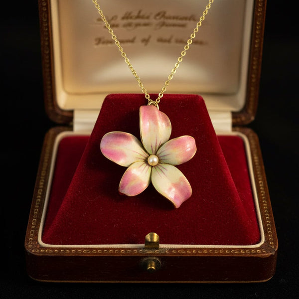 Antique Art Nouveau Enamel Violet Brooch Pendant, 14K Gold - Boylerpf