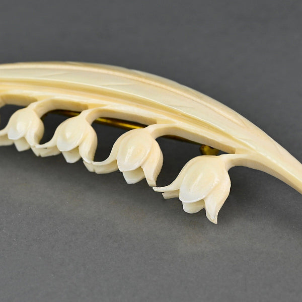 Victorian Lily of the Valley Ivory Carved Bone Brooch - Boylerpf