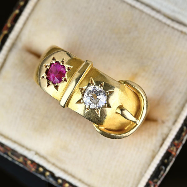Antique Victorian 18K Gold Ruby Diamond Buckle Ring - Boylerpf