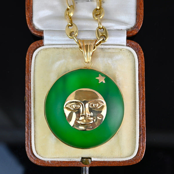 18K Gold Green Quartz Star Man In The Moon Pendant - Boylerpf