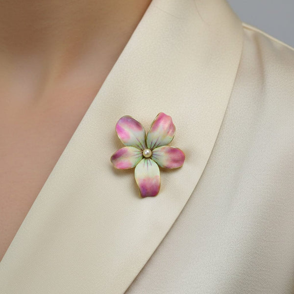 Antique Art Nouveau Enamel Violet Brooch Pendant, 14K Gold - Boylerpf