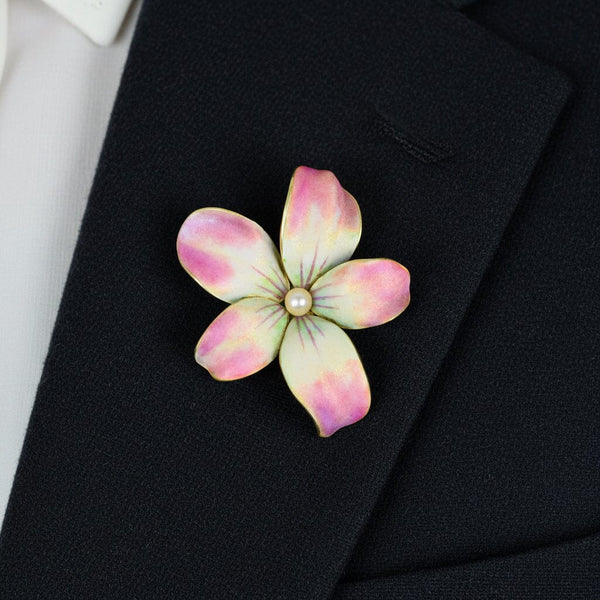 Antique Art Nouveau Enamel Violet Brooch Pendant, 14K Gold - Boylerpf