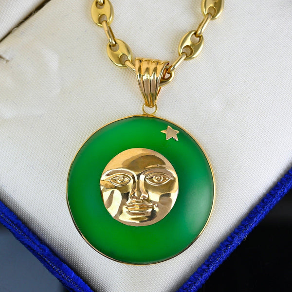 18K Gold Green Quartz Star Man In The Moon Pendant - Boylerpf