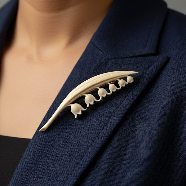 Victorian Lily of the Valley Ivory Carved Bone Brooch - Boylerpf