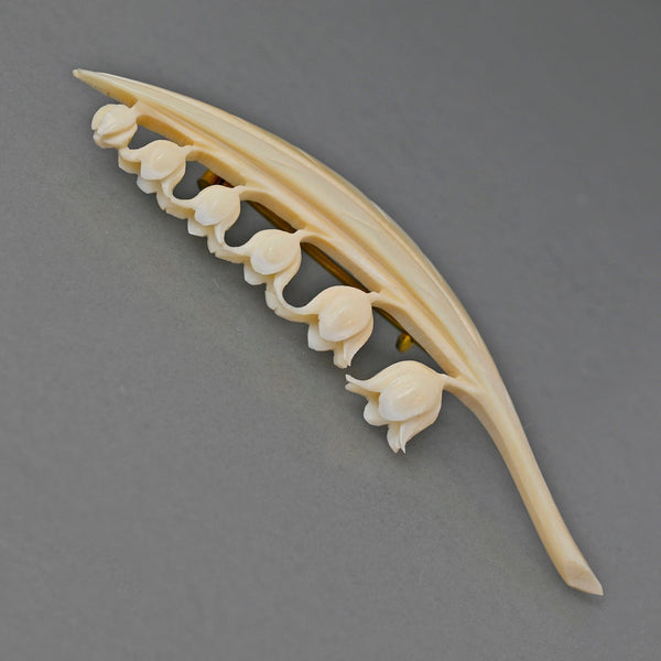 Victorian Lily of the Valley Ivory Carved Bone Brooch - Boylerpf