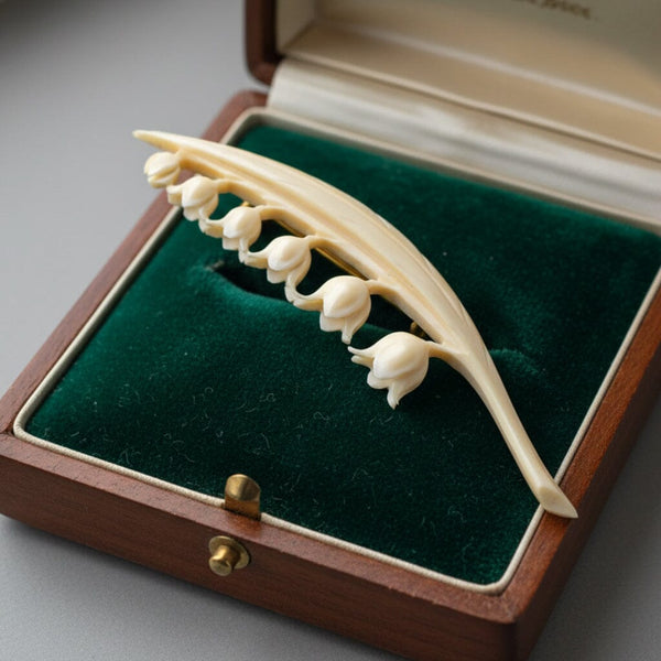 Victorian Lily of the Valley Ivory Carved Bone Brooch - Boylerpf
