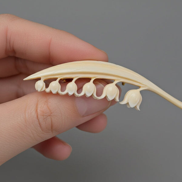 Victorian Lily of the Valley Ivory Carved Bone Brooch - Boylerpf