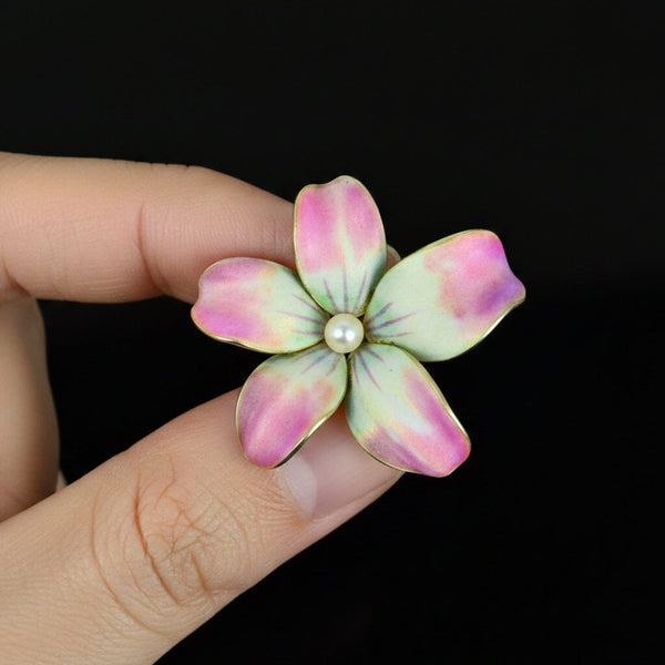 Antique Art Nouveau Enamel Violet Brooch Pendant, 14K Gold - Boylerpf