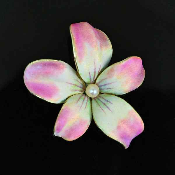 Antique Art Nouveau Enamel Violet Brooch Pendant, 14K Gold - Boylerpf