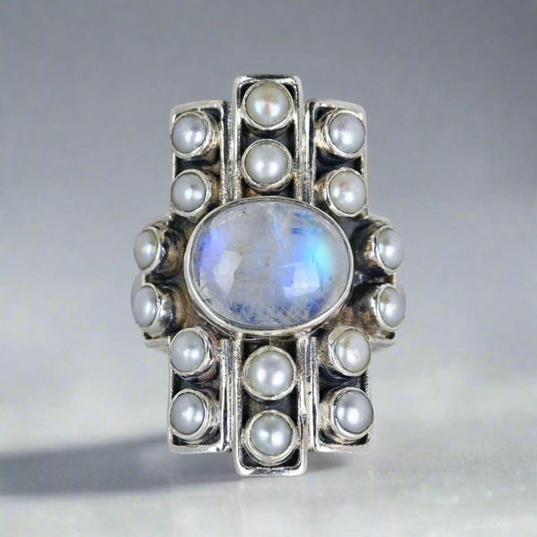 Vintage Statement Silver Pearl Moonstone Cabochon Ring - Boylerpf