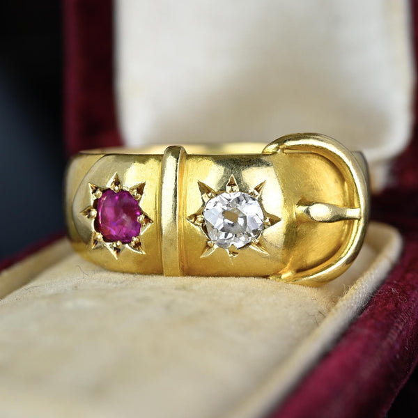 Antique Victorian 18K Gold Ruby Diamond Buckle Ring - Boylerpf