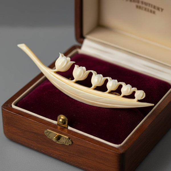 Victorian Lily of the Valley Ivory Carved Bone Brooch - Boylerpf