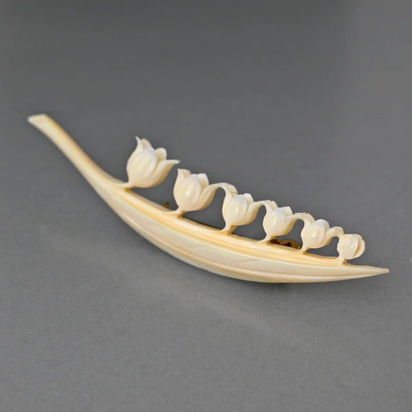 Victorian Lily of the Valley Ivory Carved Bone Brooch - Boylerpf