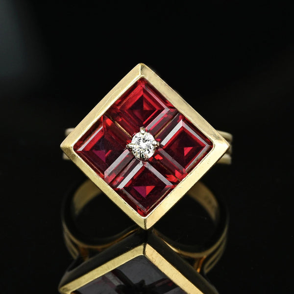 Vintage 14K Gold Diamond Solitaire Emerald Cut Ruby Ring - Boylerpf