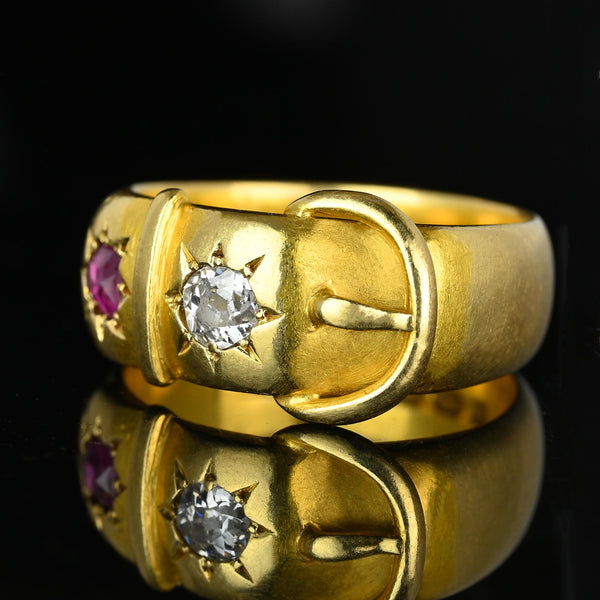 Antique Victorian 18K Gold Ruby Diamond Buckle Ring - Boylerpf