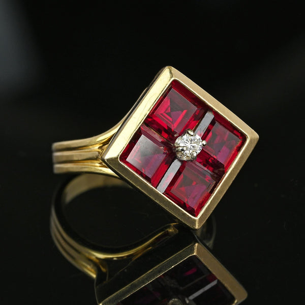 Vintage 14K Gold Diamond Solitaire Emerald Cut Ruby Ring - Boylerpf