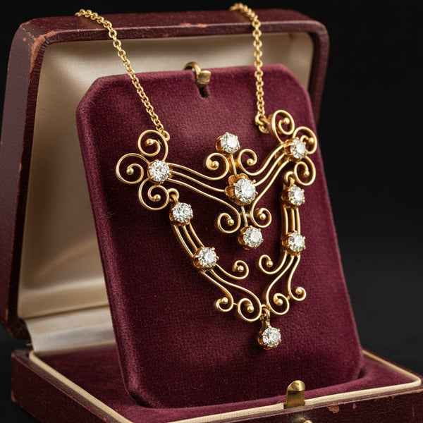 Antique Edwardian Diamond Necklace, 1.5ct Scroll Pendant 14K - Boylerpf