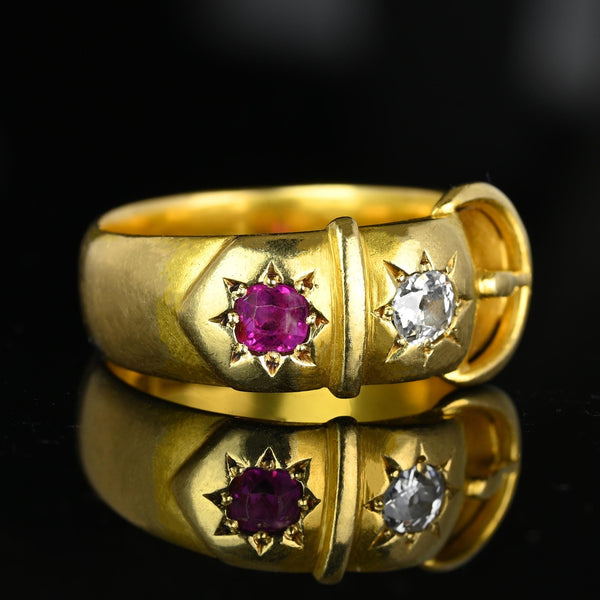 Antique Victorian 18K Gold Ruby Diamond Buckle Ring - Boylerpf