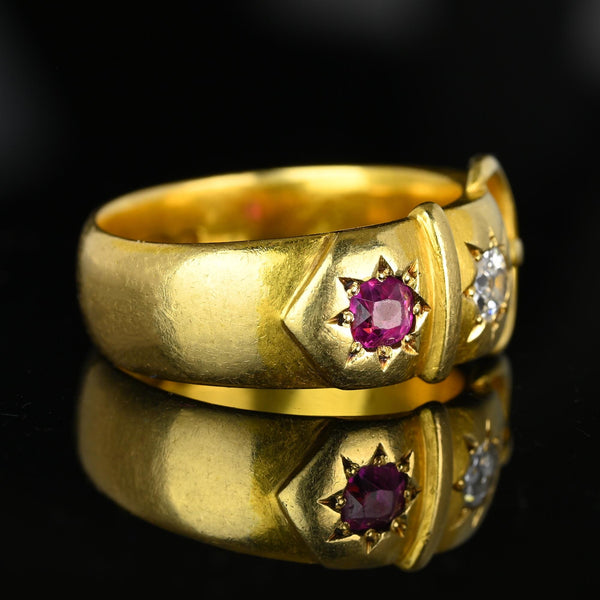 Antique Victorian 18K Gold Ruby Diamond Buckle Ring - Boylerpf
