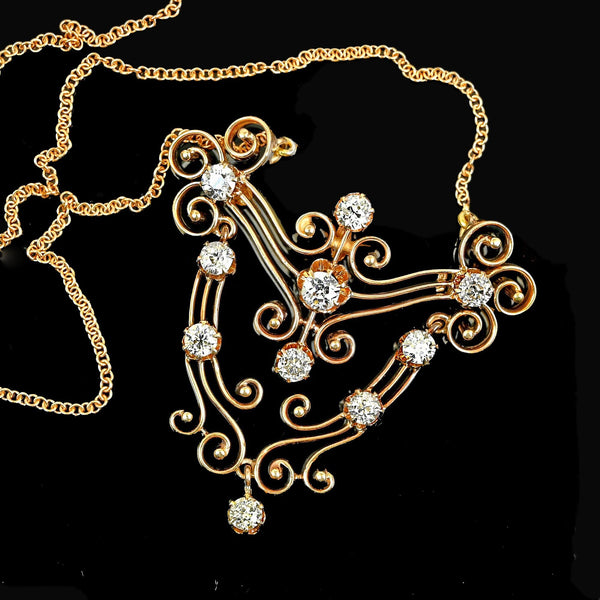 Antique Edwardian Diamond Necklace, 1.5ct Scroll Pendant 14K - Boylerpf