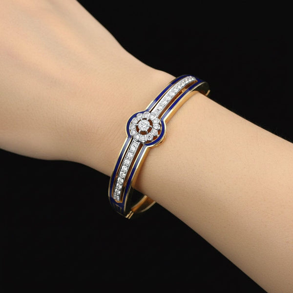 Victorian Revival Cobalt Enamel and Diamond Bracelet Bangle