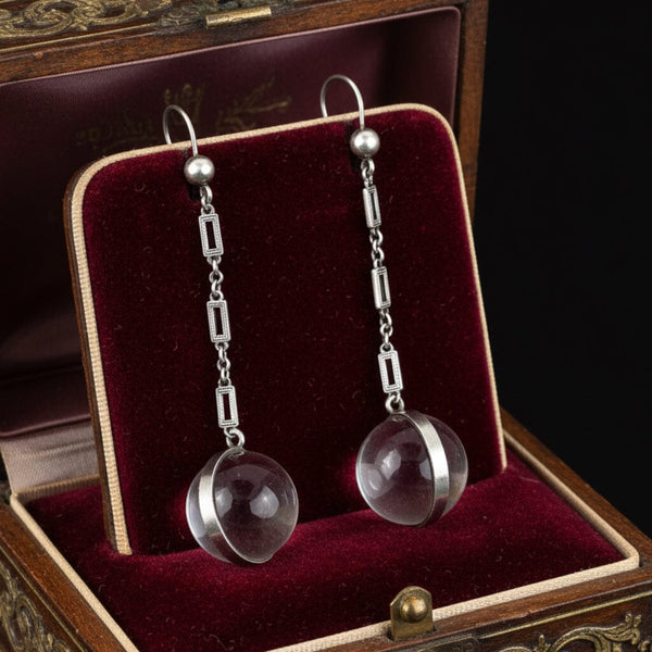 Art Deco Rock Crystal Pools of Light Sterling Drop Earrings - Boylerpf