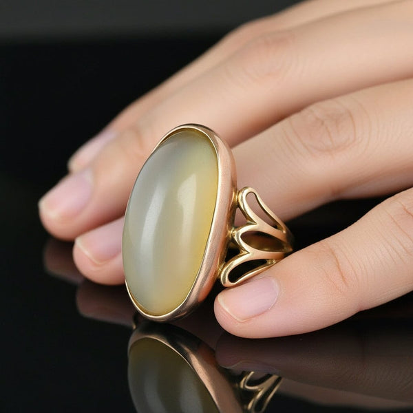 Antique 14K Gold Large Clear Agate Cabochon Ring